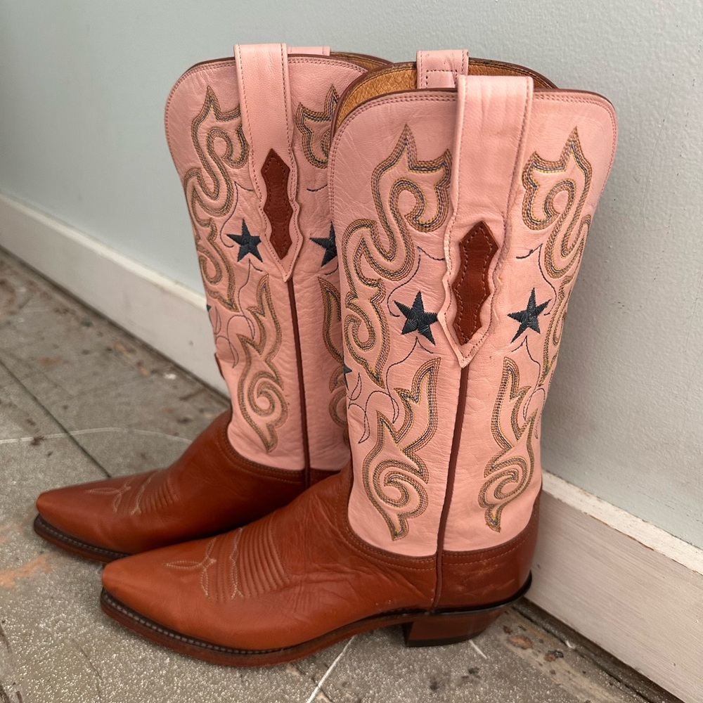 Women's LUCCHESE 1883 Pink Embroidered LEATHER COWBOY BOOTS sz 7 B